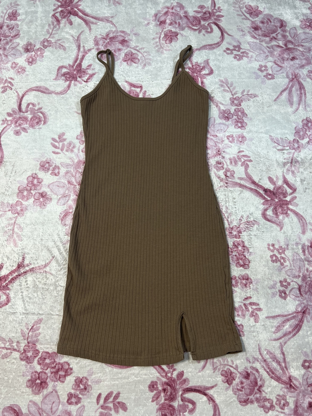 SHEIN Brown Ribbed Knit Mini Dress Size M Adjustable Straps Side Slit Bodycon